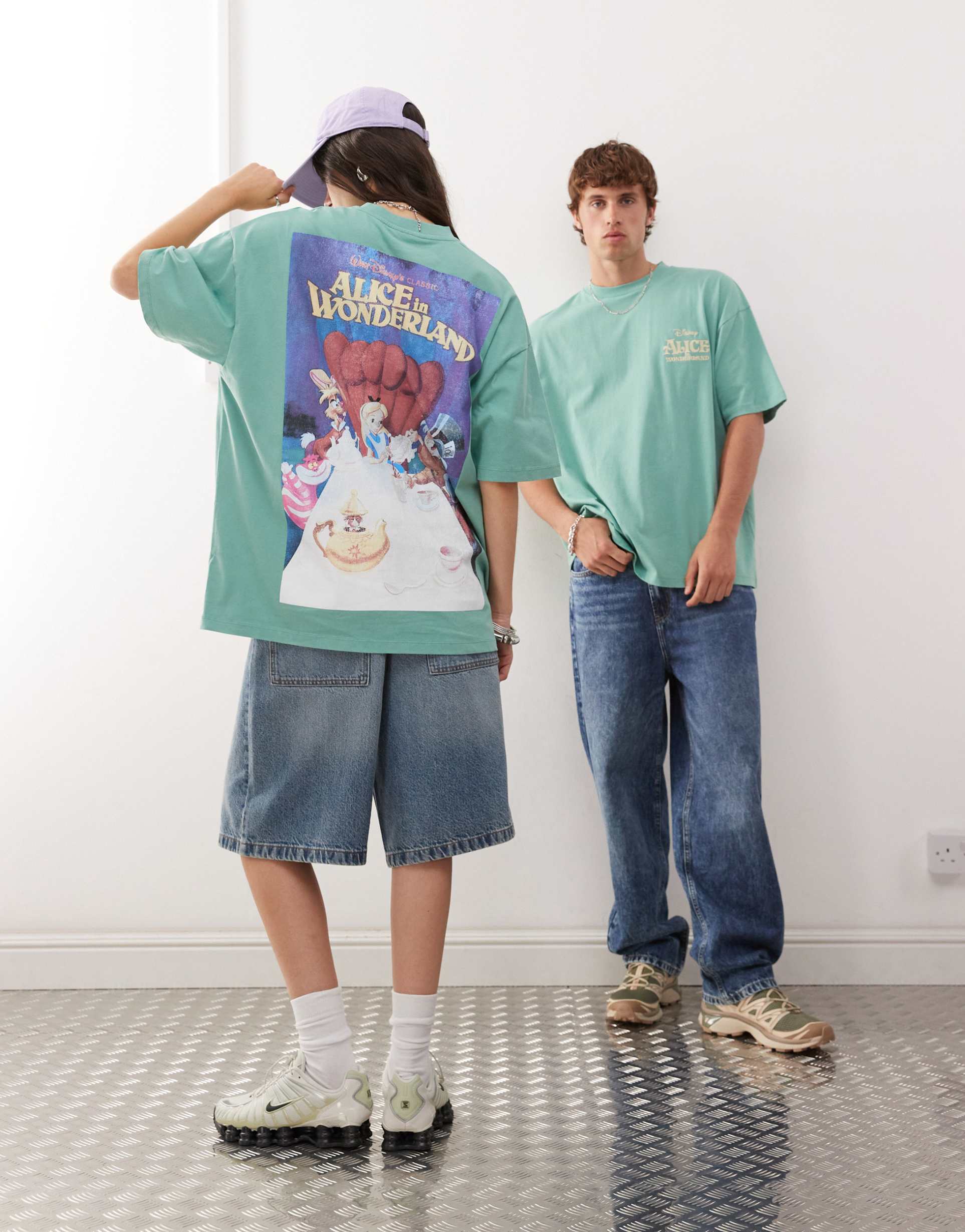 asos design disney unisex oversized t-shirt with alice in wonderland prints in washed green