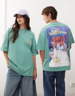 Asos Design Disney Unisex Oversized T-shirt With Alice In Green