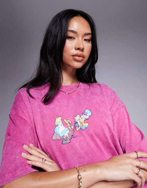 ASOS DESIGN Disney unisex oversized t-shirt with Alice in Wonderland prints in washed pink, 3 of 4
