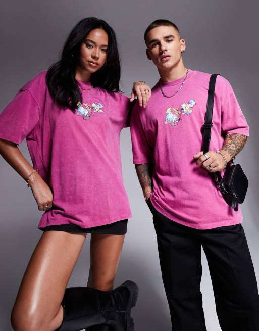 ASOS DESIGN Disney unisex oversized t-shirt with Alice in Wonderland prints in washed pink