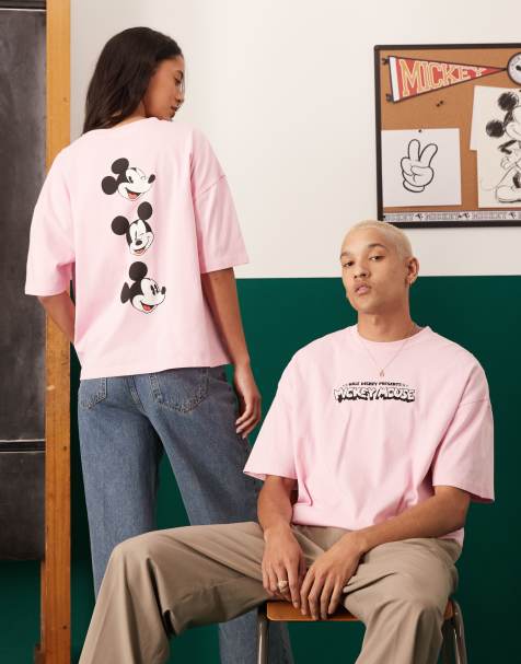 ASOS DESIGN Disney Unisex oversized t-shirt with embroidered Mickey Mouse print in pink - view 1
