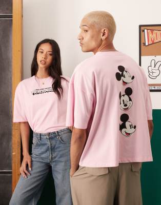 ASOS DESIGN Disney Unisex oversized t-shirt with embroidered Mickey Mouse print in pink