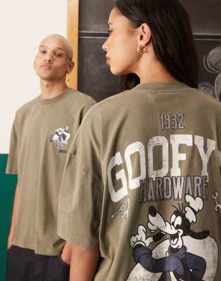 ASOS DESIGN Disney Unisex oversized t-shirt with Goofy prints in washed khaki