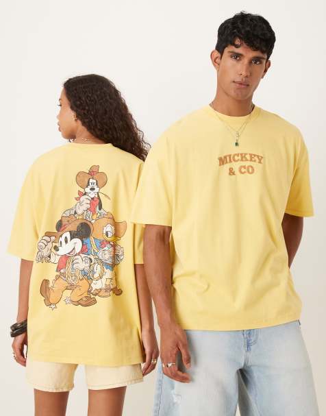 ASOS DESIGN Disney unisex oversized T-shirt with Mickey Mouse and Friends western prints in washed yellow - view 1