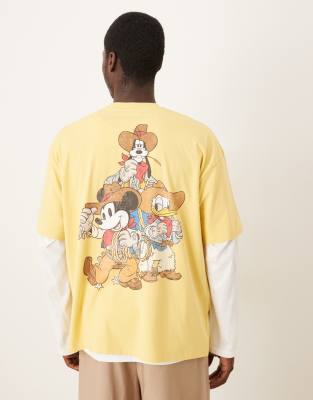 Asos Design Disney Unisex Oversized T-shirt With Mickey Mouse And Friends Western Prints In Yellow