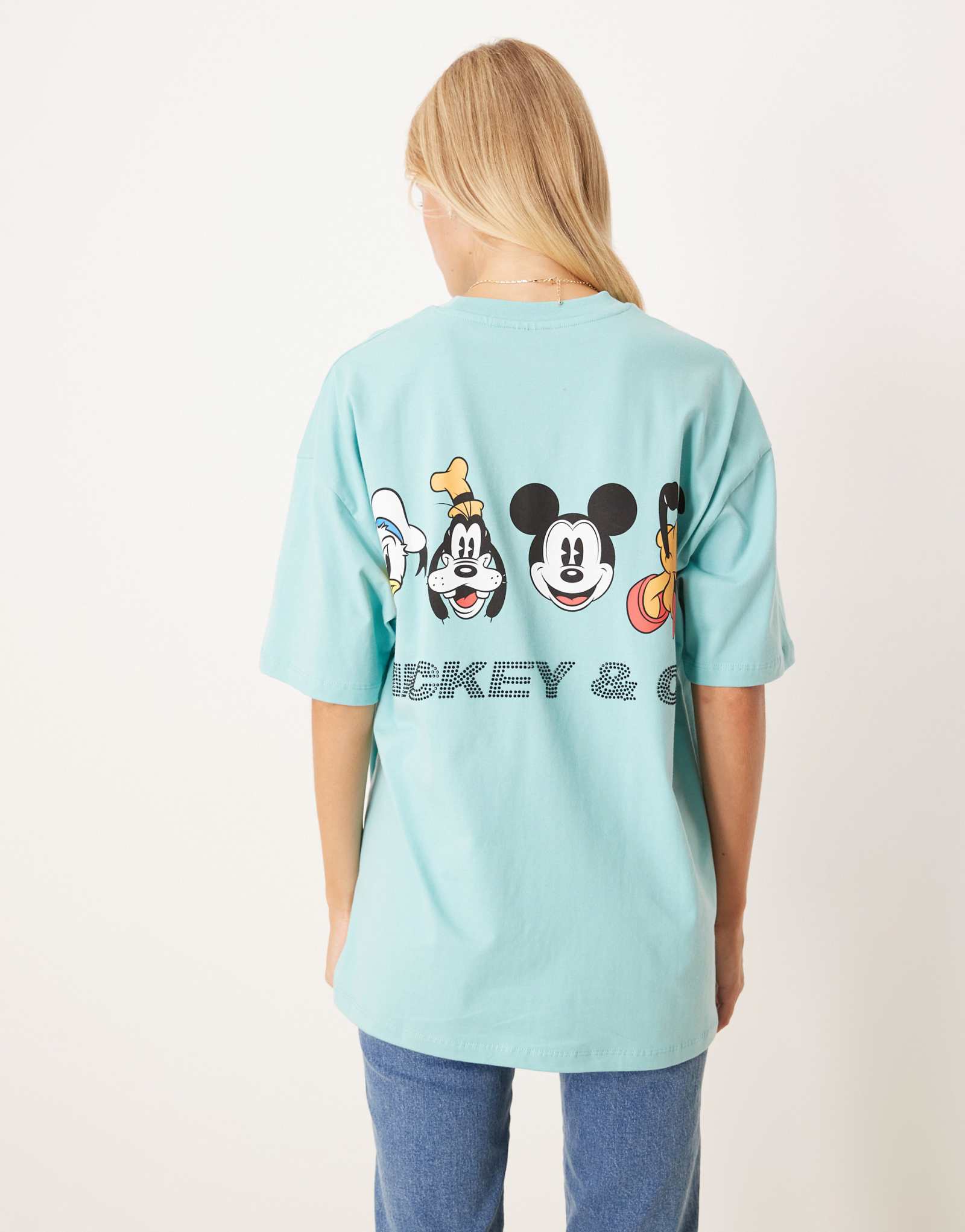 Футболка оверсайз унисекс от ASOS DESIGN Disney с принтом Микки Мауса и его друзей и надписью из страз синего цвета