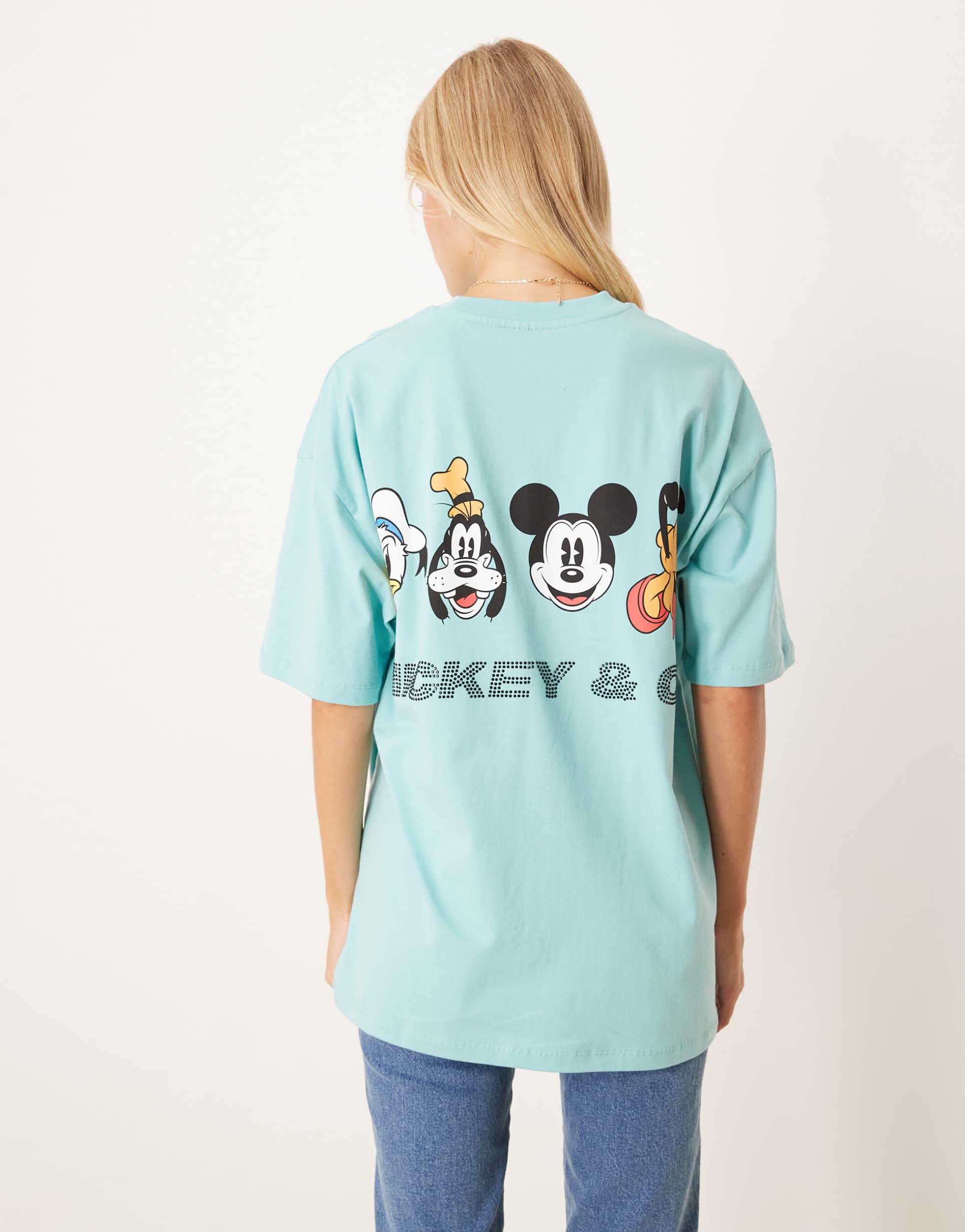 asos design disney unisex oversized t-shirt with mickey mouse & friends prints and rhinestone text in blue