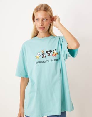 Asos Design Disney Unisex Oversized T-shirt With Mickey Mouse & Friends Prints And Rhinestone Text In Green