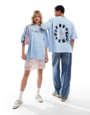 Asos Design Disney Unisex Oversized T-shirt With Mickey Mouse & Friends Prints In Washed Blue