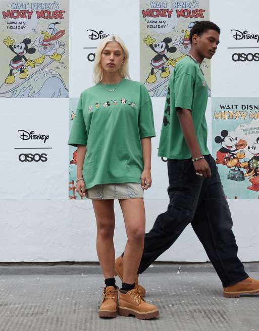 ASOS DESIGN Disney unisex oversized t shirt with Mickey Mouse Friends prints in washed green ASOS