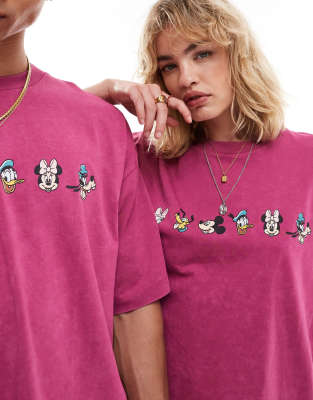 ASOS DESIGN Disney unisex oversized t-shirt with Mickey Mouse & Friends prints in washed pink - PINK