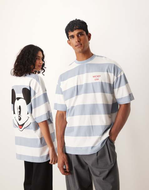 ASOS DESIGN Disney unisex oversized t-shirt with Mickey Mouse print in blue pinstripe - view 1