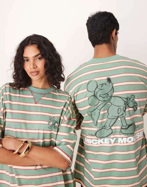 ASOS DESIGN Disney unisex oversized t-shirt with Mickey Mouse print in green pinstripe - view 1
