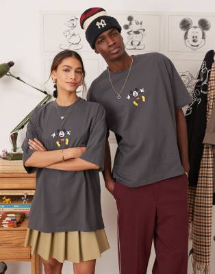 ASOS DESIGN Disney unisex oversized t-shirt with Mickey Mouse prints and embroidery in charcoal