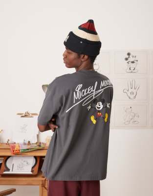 ASOS DESIGN Disney unisex oversized t-shirt with Mickey Mouse prints and embroidery in charcoal