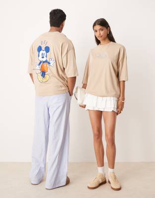 Asos Design Disney Unisex Oversized T-shirt With Mickey Mouse Prints In Brown