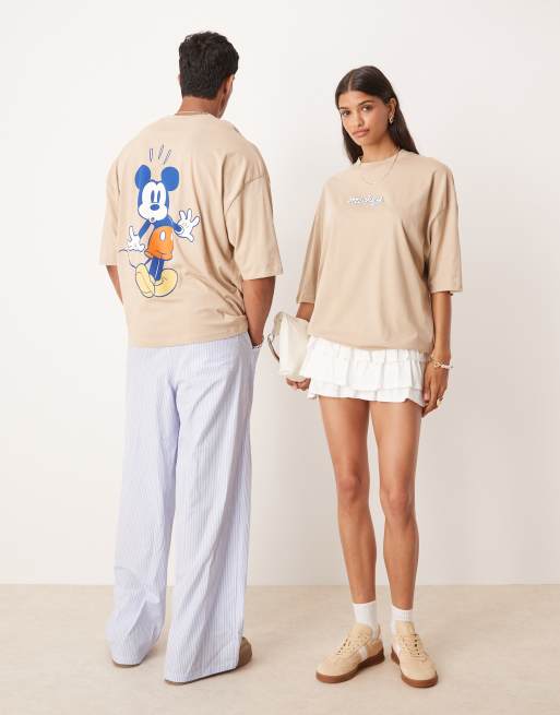 ASOS DESIGN Disney unisex oversized t-shirt with Mickey Mouse prints in beige
