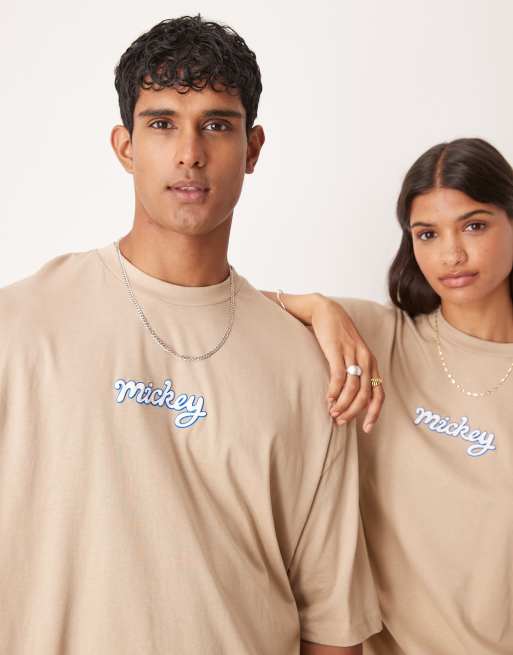 ASOS DESIGN Disney unisex oversized t-shirt with Mickey Mouse prints in beige