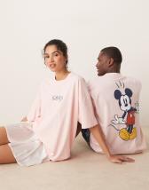 ASOS DESIGN Disney unisex boxy oversized T-shirt with Mickey Mouse prints in washed pink