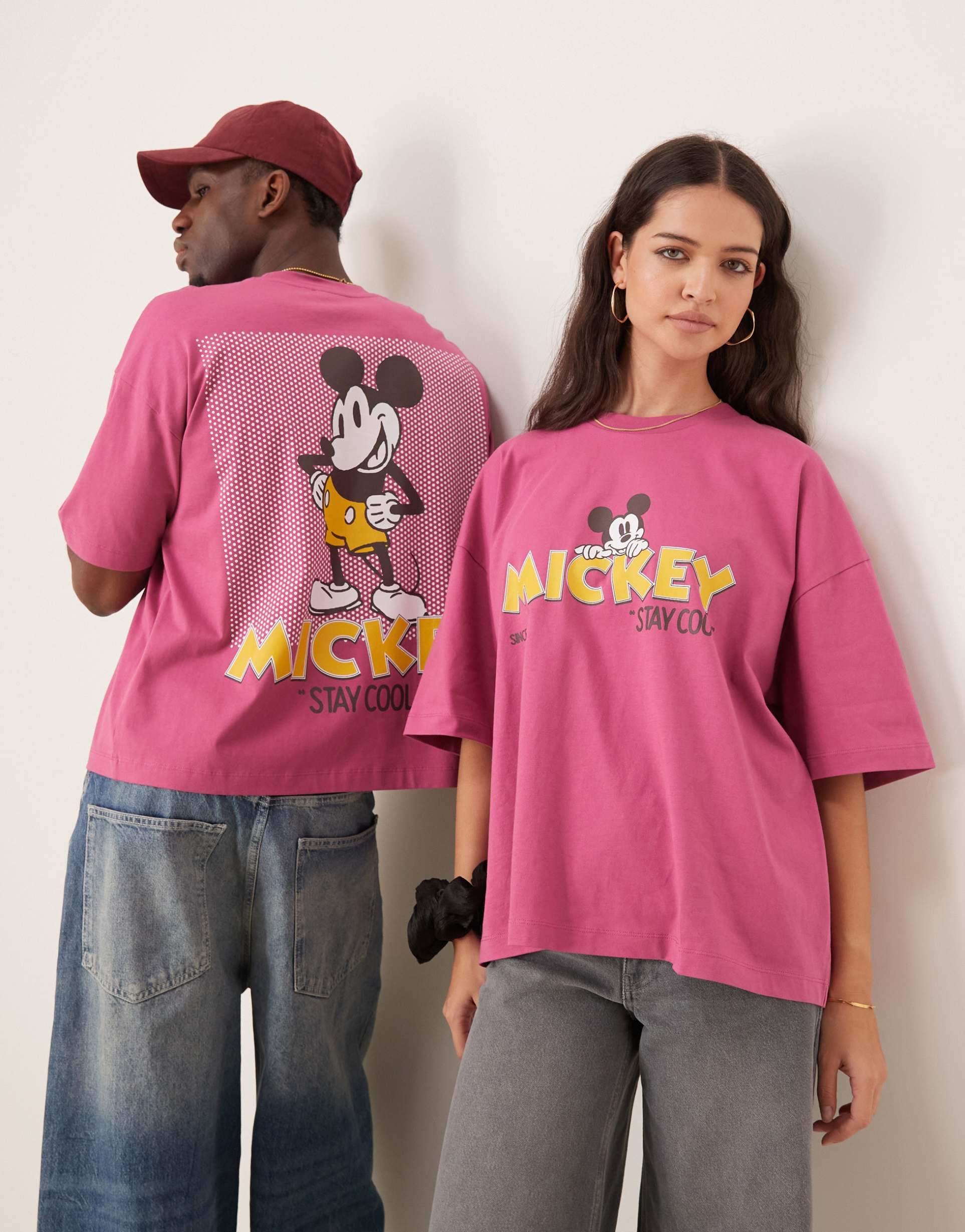 asos design disney unisex oversized t-shirt with mickey mouse prints in pink
