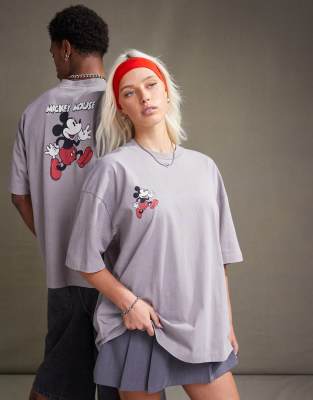 Asos Design Disney Unisex Oversized T-shirt With Mickey Mouse Prints In Washed Brown-gray