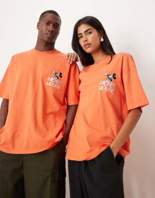 ASOS DESIGN Disney Unisex oversized t-shirt with Mickey Mouse prints in washed orange
