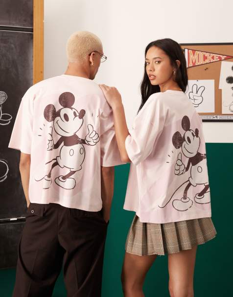 ASOS DESIGN Disney Unisex oversized t-shirt with Mickey Mouse prints in washed pink - view 1