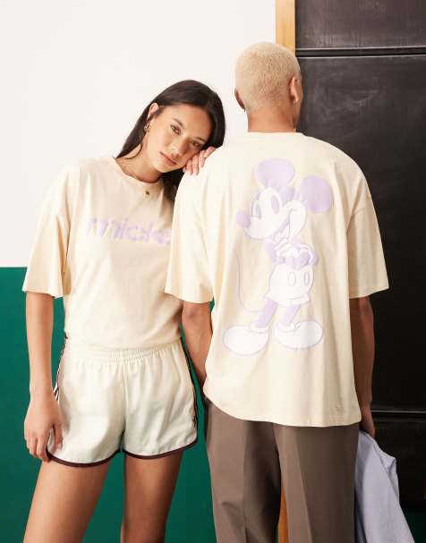 ASOS DESIGN Disney Unisex oversized t-shirt with Mickey Mouse puff prints in beige - view 1