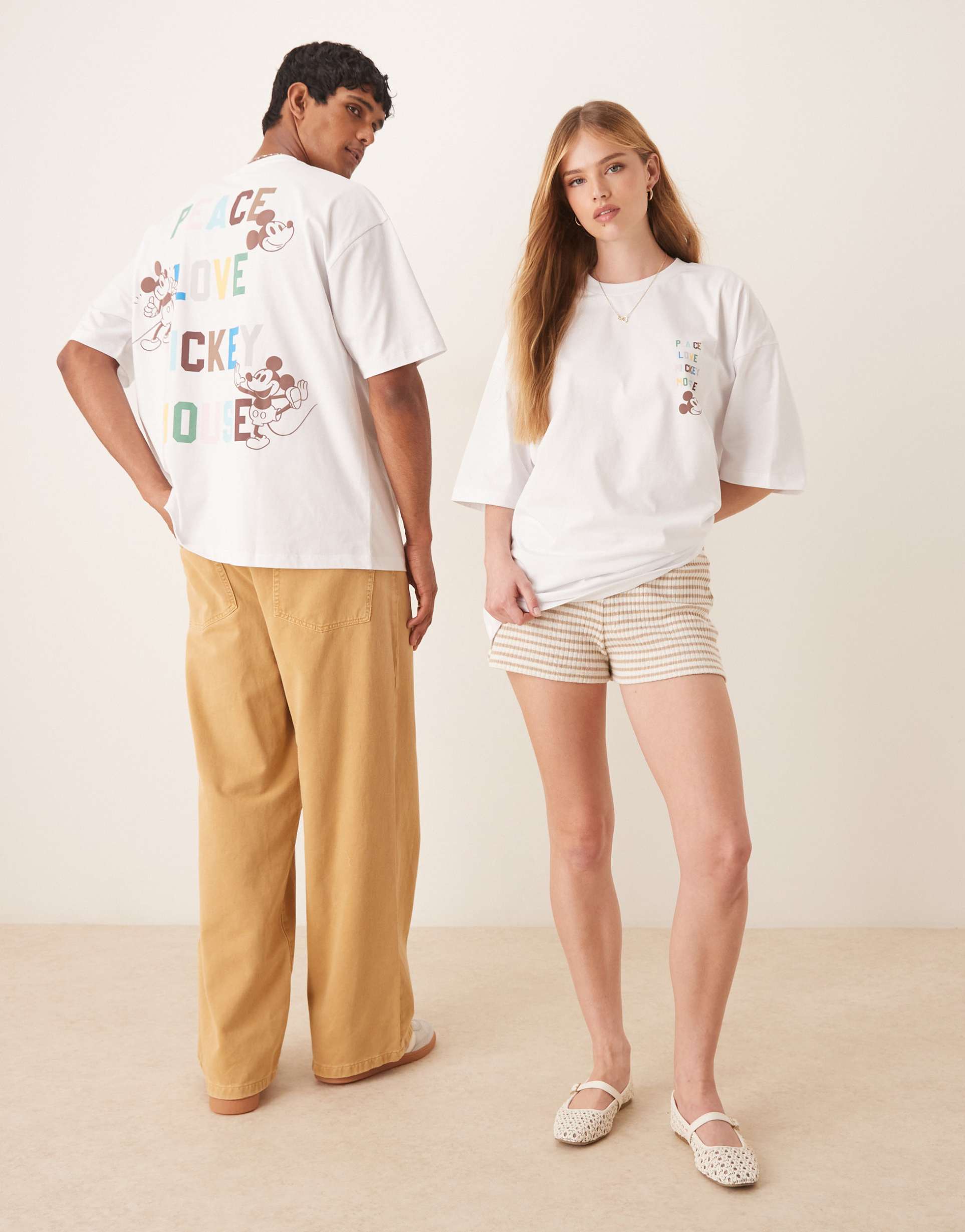 asos design disney unisex oversized t-shirt with mickey mouse text prints in white