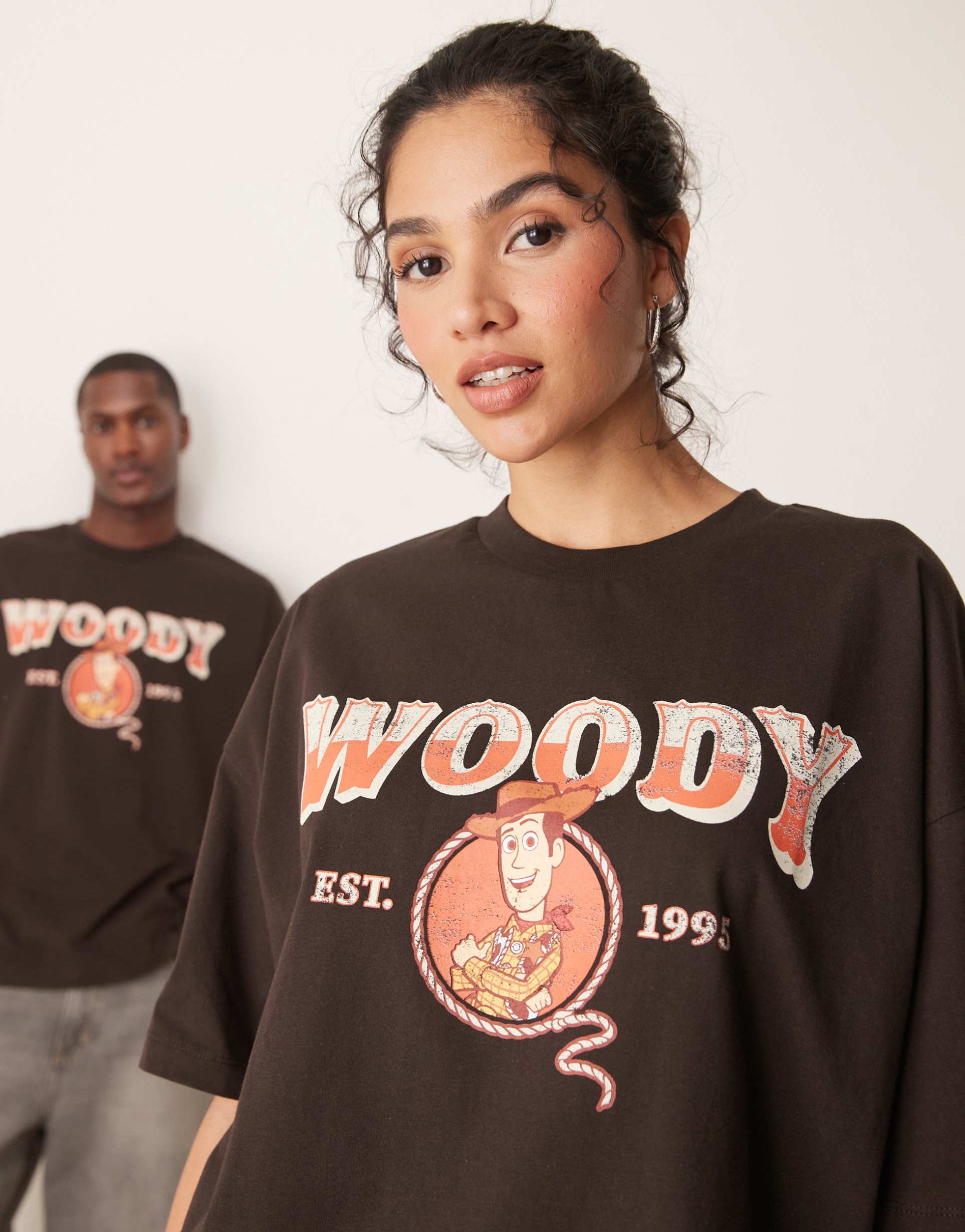 asos design disney unisex oversized t-shirt with toy story woody print in brown