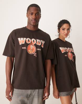 Asos Design Disney Unisex Oversized T-shirt With Toy Story Woody Print In Brown