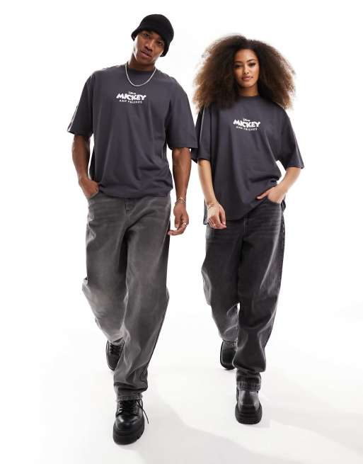 ASOS DESIGN Disney oversized unisex tee with Mickey Mouse and friends spine print in charcoal