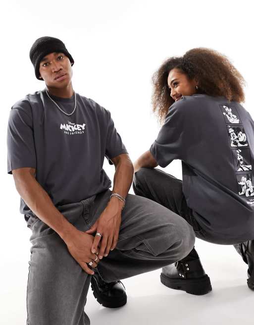 ASOS DESIGN Disney oversized unisex tee with Mickey Mouse and friends spine print in charcoal