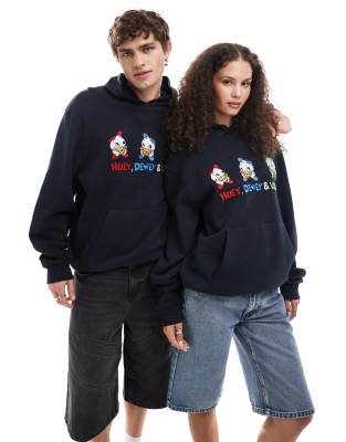 Asos Design Disney Unisex Oversized Textured Hoodie With Huey, Dewey And Louie Prints And Embroidery In Navy