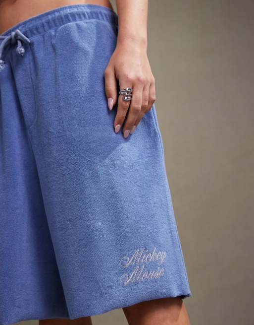 ASOS DESIGN Disney unisex oversized textured shorts with Mickey Mouse print in washed blue (part of a set), 4 of 4