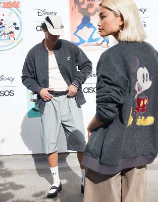 Asos Design Disney Unisex Oversized Wool Bomber Jacket With Mickey Mouse Prints In Gray