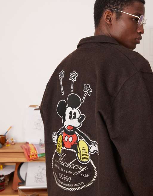 ASOS DESIGN Disney unisex oversized wool harrington jacket with Mickey Mouse embroidery in deep brown