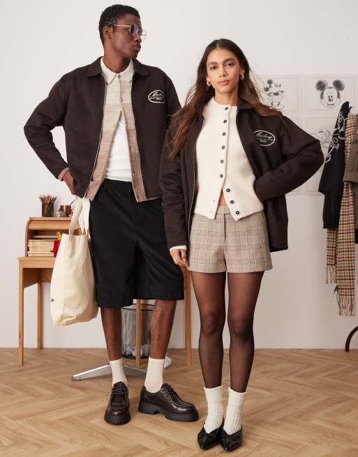 ASOS DESIGN Disney unisex oversized wool harrington jacket with Mickey Mouse embroidery in deep brown