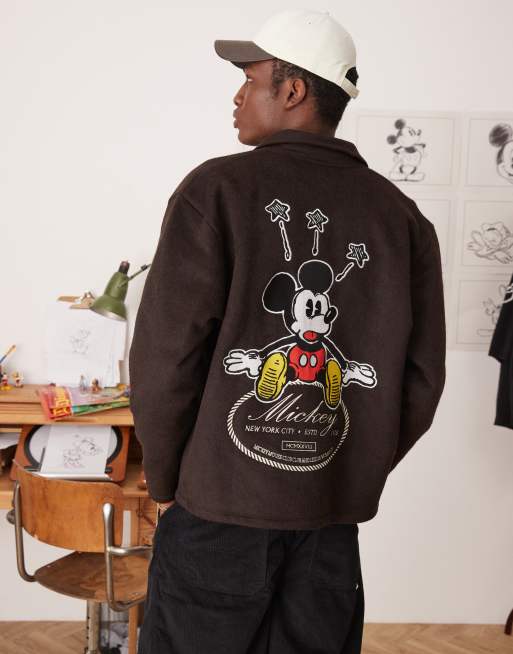 ASOS DESIGN Disney unisex oversized wool harrington jacket with Mickey Mouse embroidery in deep brown