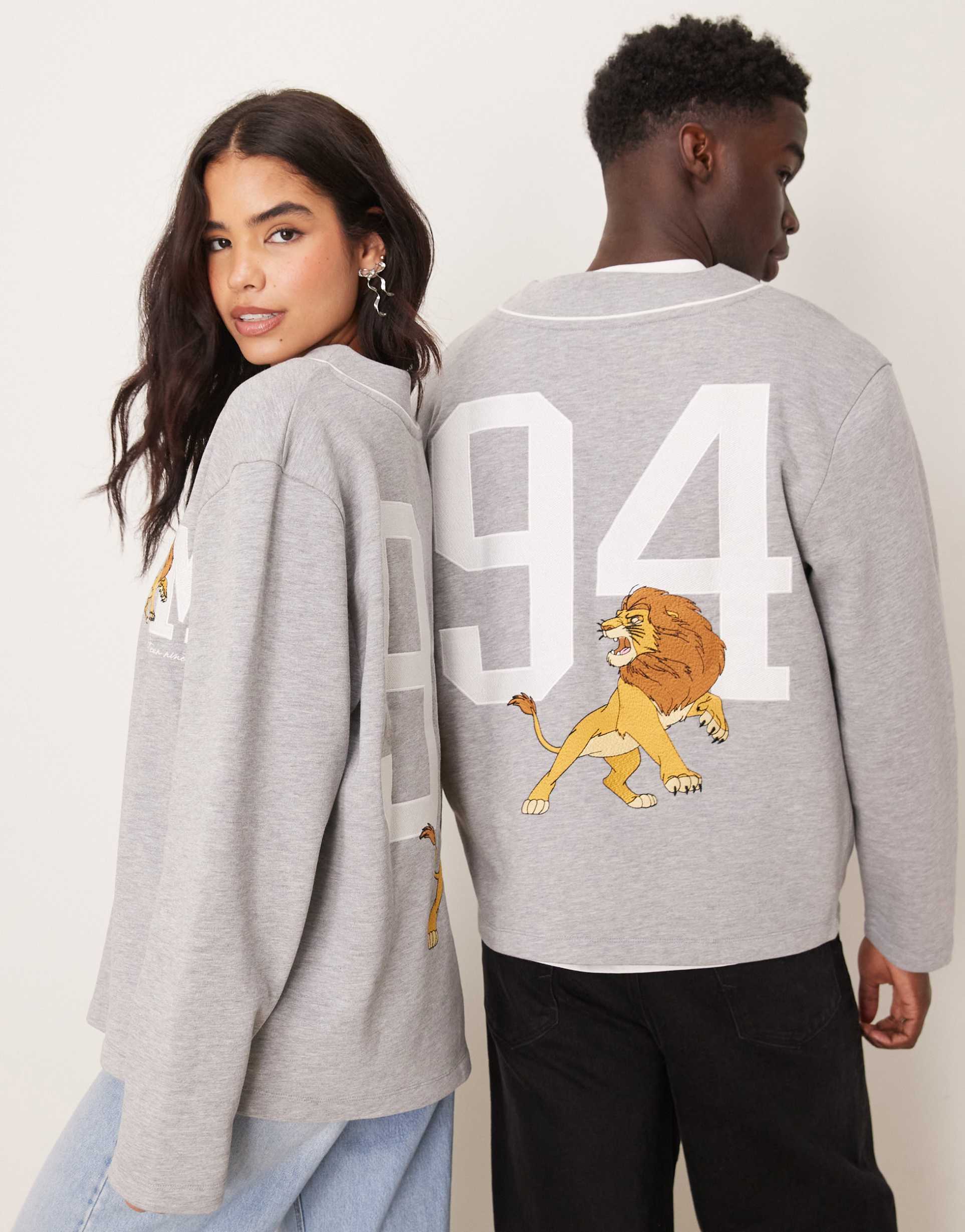 asos design disney unisex oversized y neck sweatshirt with the lion king prints in gray heather