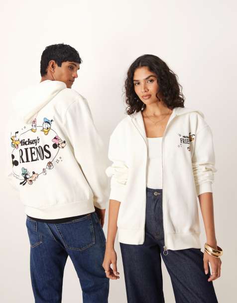 ASOS DESIGN Disney unisex oversized zip-through hoodie with Mickey and friends print in cream - view 1