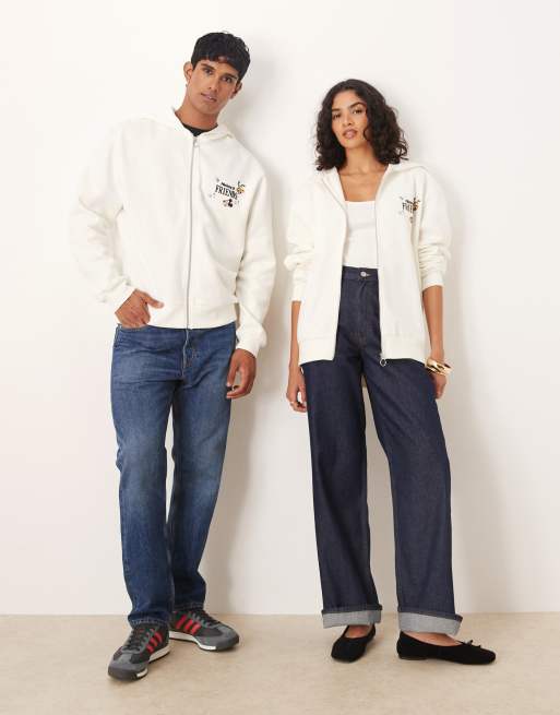 ASOS DESIGN Disney Unisex oversized zip-up hoodie with Mickey & Friends print in cream 