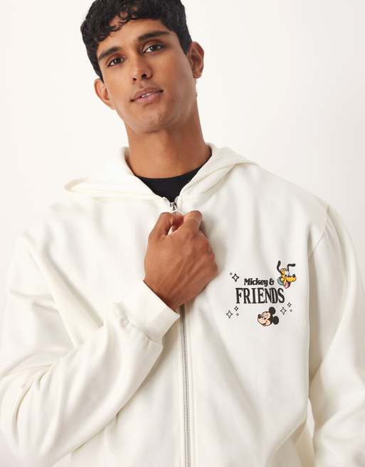 ASOS DESIGN Disney Unisex oversized zip-up hoodie with Mickey & Friends print in cream 