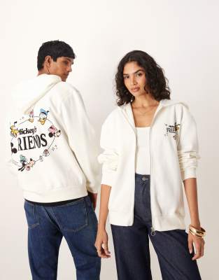 ASOS DESIGN Disney unisex Relaxed zip-up hoodie with Mickey and friends print in cream-White