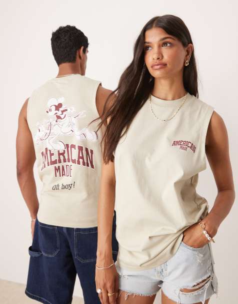 ASOS DESIGN Disney Unisex standard tank top with Mickey Mouse western prints in stone - view 1