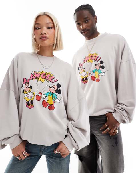 ASOS DESIGN Disney unisex super oversized sweatshirt with Mickey Mouse and Minnie Mouse print in grey - view 1