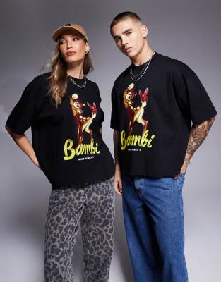 ASOS DESIGN - Disney - Unisex-T-Shirt aus schwerem Material in Schwarz mit „Bambi"-Print und Oversize-Passform