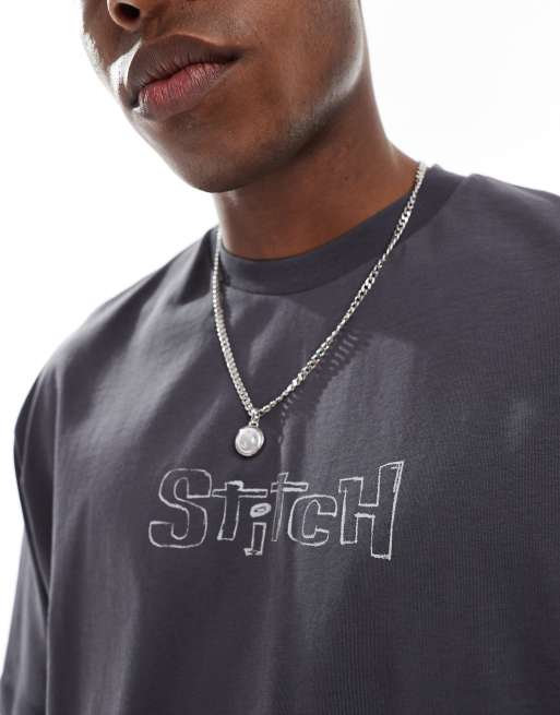 ASOS DESIGN – Disney – Unisex-T-Shirt in Anthrazit mit „Stitch“-Umriss-Prints und Oversize-Schnitt, 4 von 4