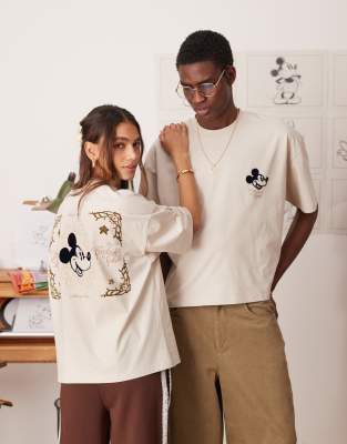 ASOS DESIGN - Disney - Unisex-T-Shirt in Beige mit kastigem Oversize-Schnitt und „Mickey Mouse"-Prints-Neutral