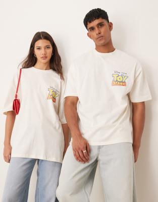 ASOS DESIGN - Disney - Unisex-T-Shirt in Beige mit Oversize-Schnitt und „Pixar Toy Story"-Skizzenprints-Neutral